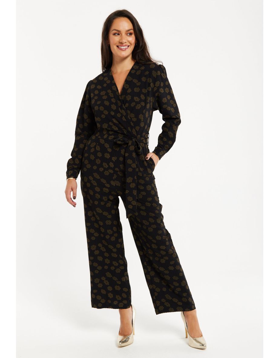 Women's Black Floral Wrap Jumpsuit with Long Sleeves and Tie Belt