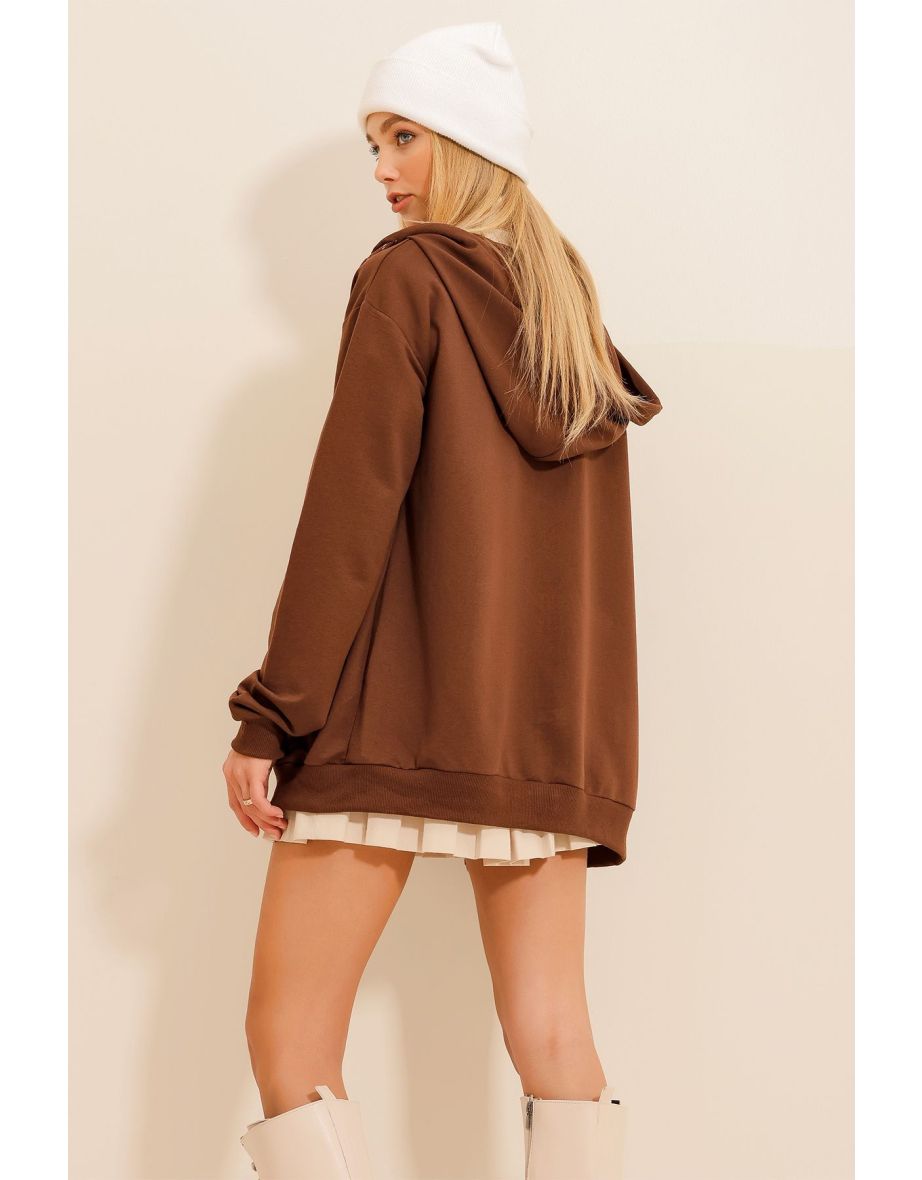 Women's Coffee Hooded Double Pocket Zipper Oversize Hoodie - 4