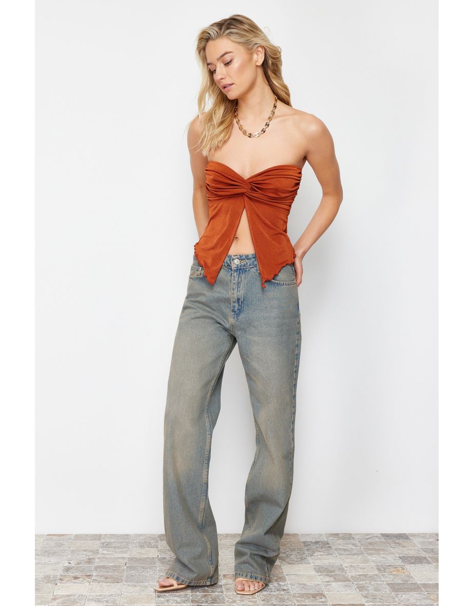 Premium Cinnamon Sweetheart Neckline Gathered Crop Knitted Blouse