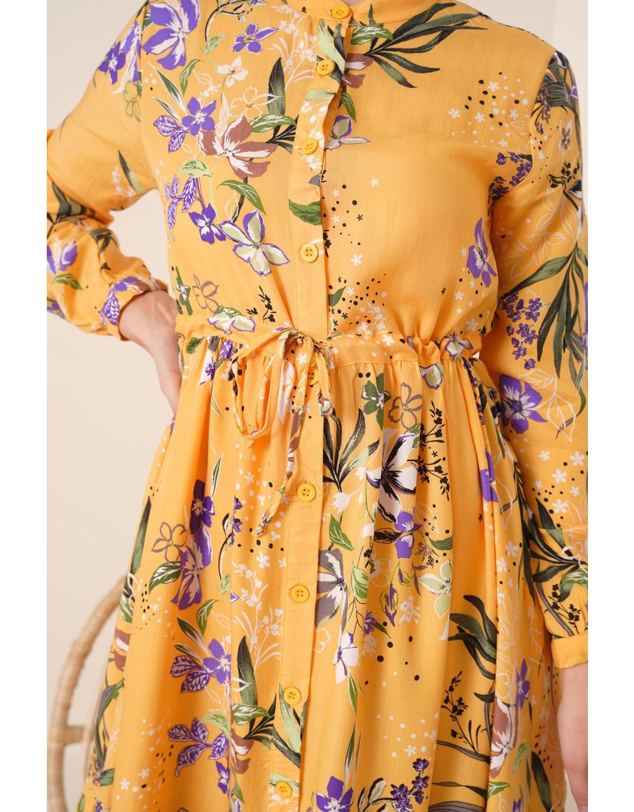 Mustard Patterned Big Collar Hijab Dress - 6