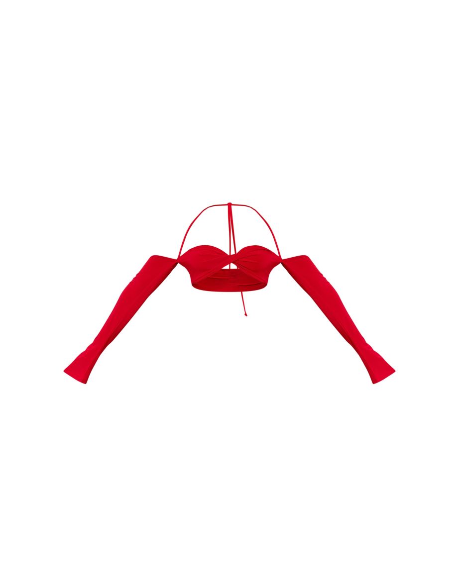Bright Red Slinky Twist Front Long Sleeve Bardot Bralette - 4