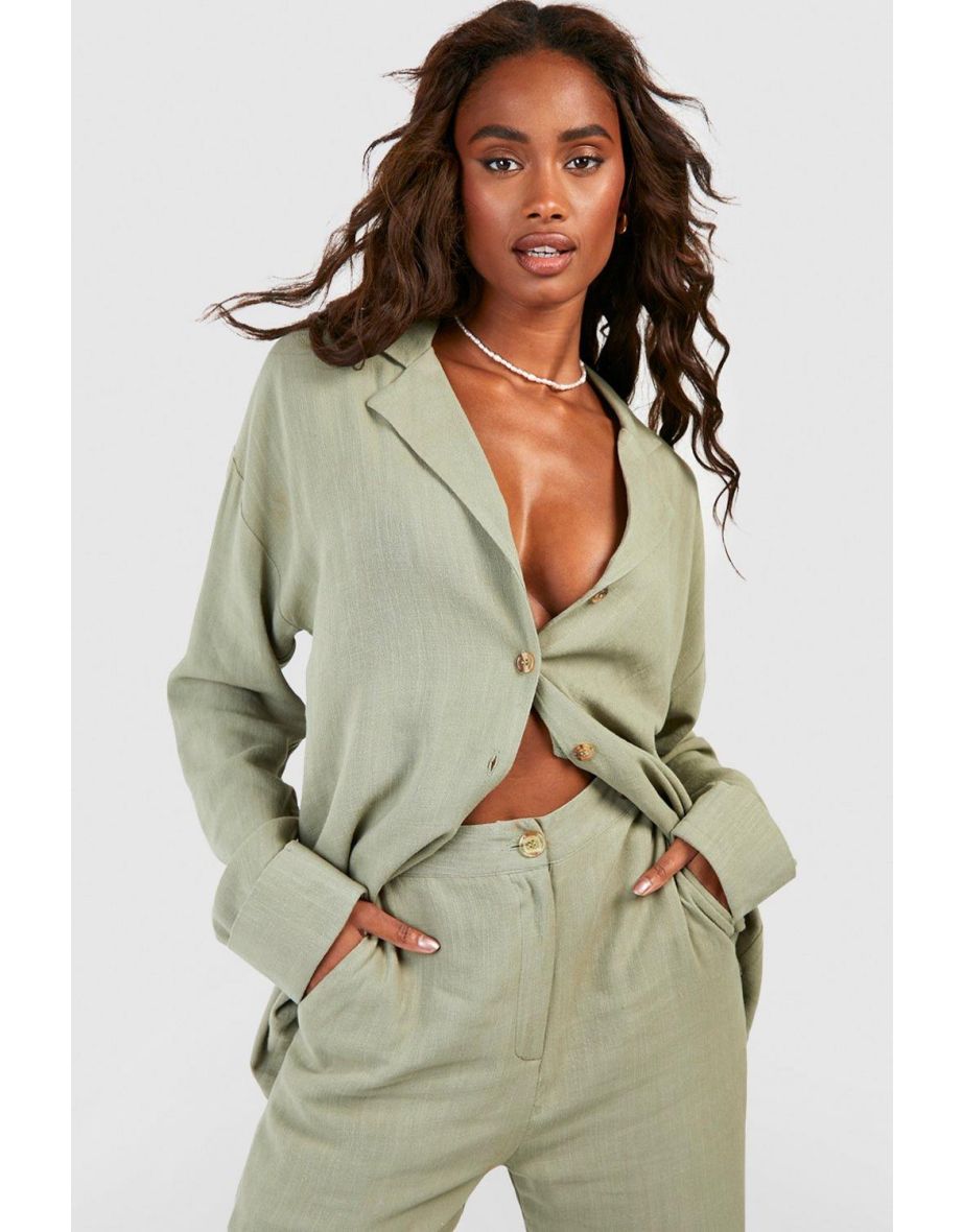 Linen Mix Relaxed Fit Long Sleeve Shirt - light khaki