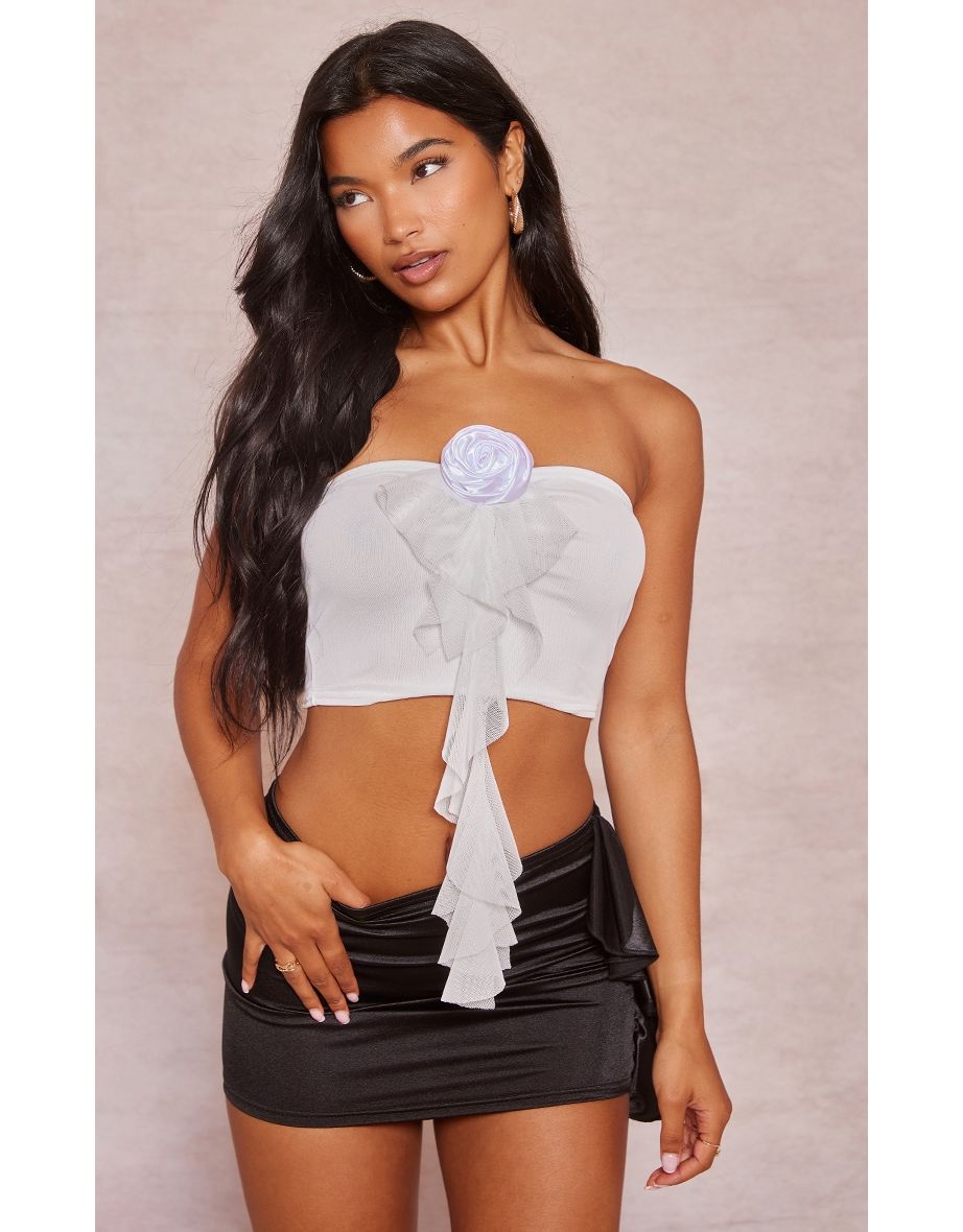 White Mesh Floral Applique Frill Bandeau Crop Top
