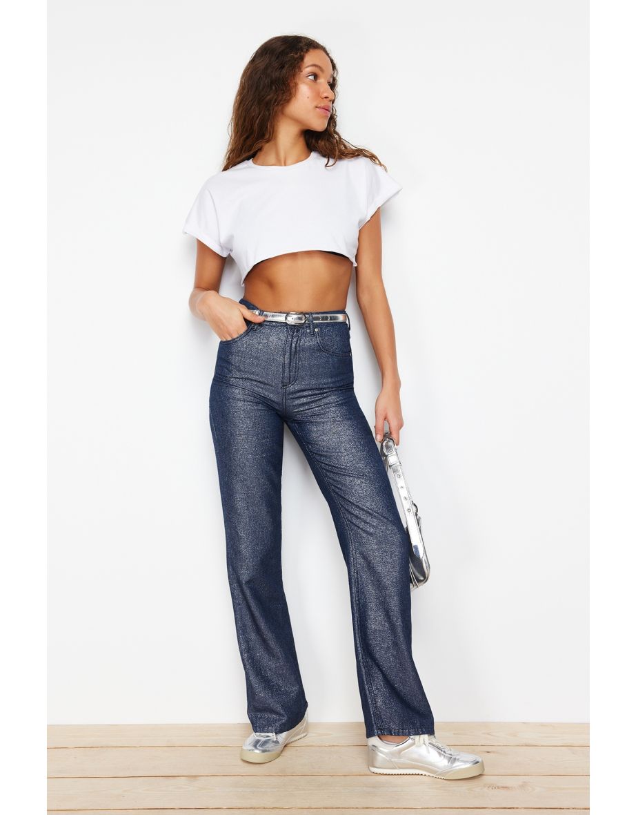 Dark Blue Metallic Shiny High Waist Wide Leg Jeans