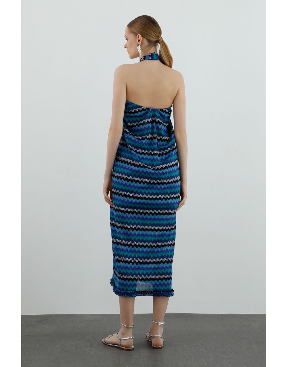 Blue Long Dress with Necktie Detail - 3