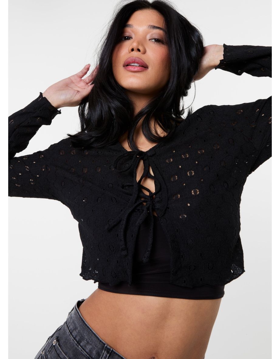 Tie Front Cutwork Cardigan