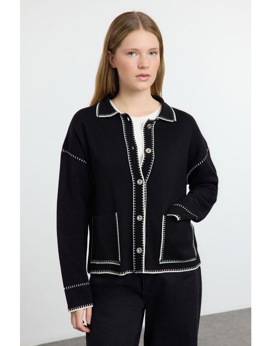 Black Color Block Polo Neck Knitted Cardigan