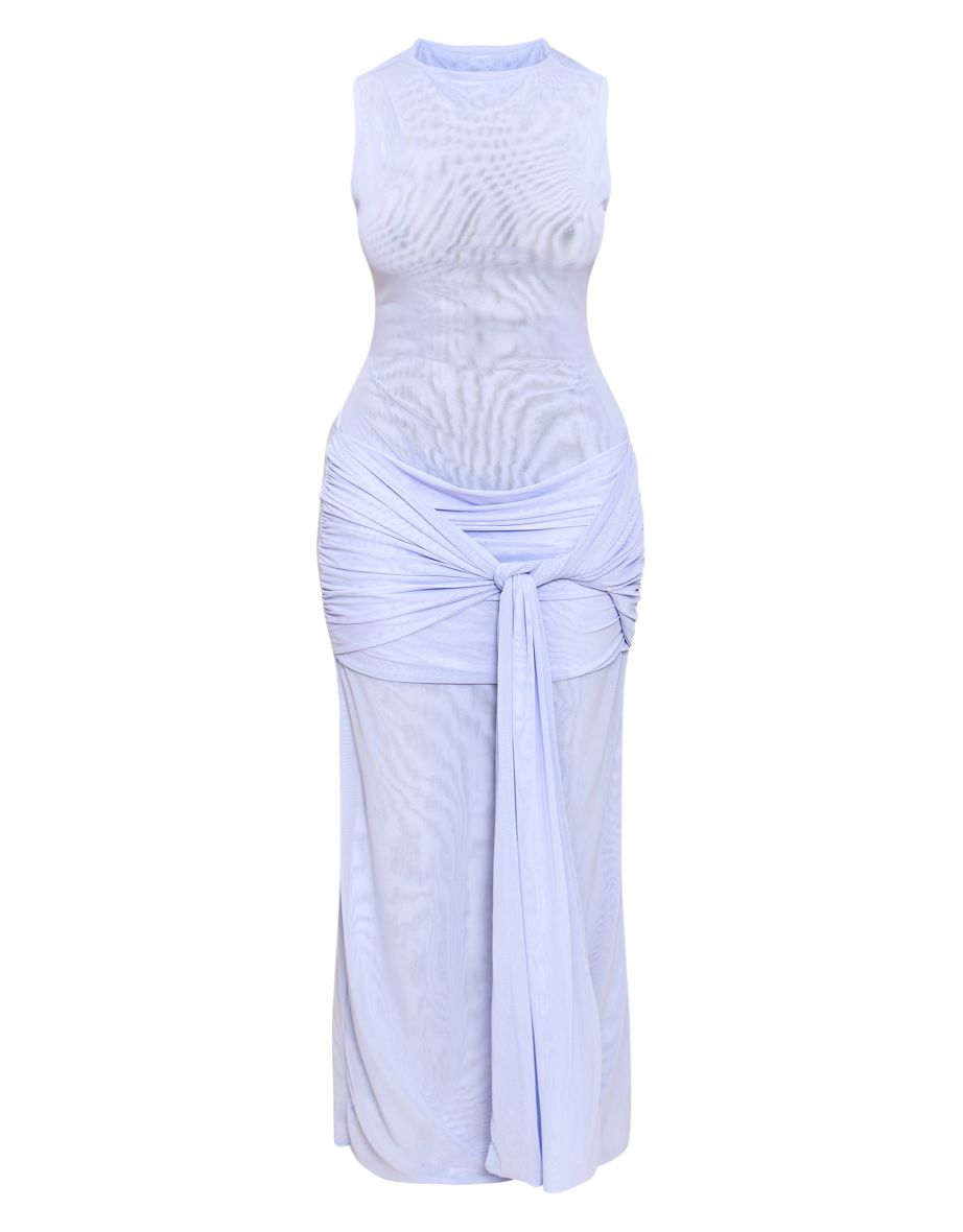 Shape Sky Blue Mesh High Neck Wrap Drape Maxi Dress - 4