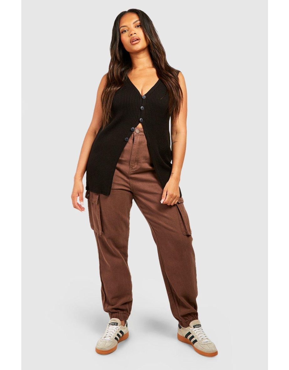 Shop Plus High Waisted Denim Cargo Joggers chocolate Online in Qatar VogaCloset