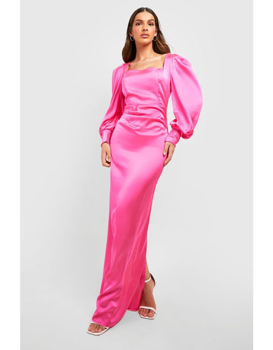 Satin Blouson Sleeve Maxi Dress - cerise