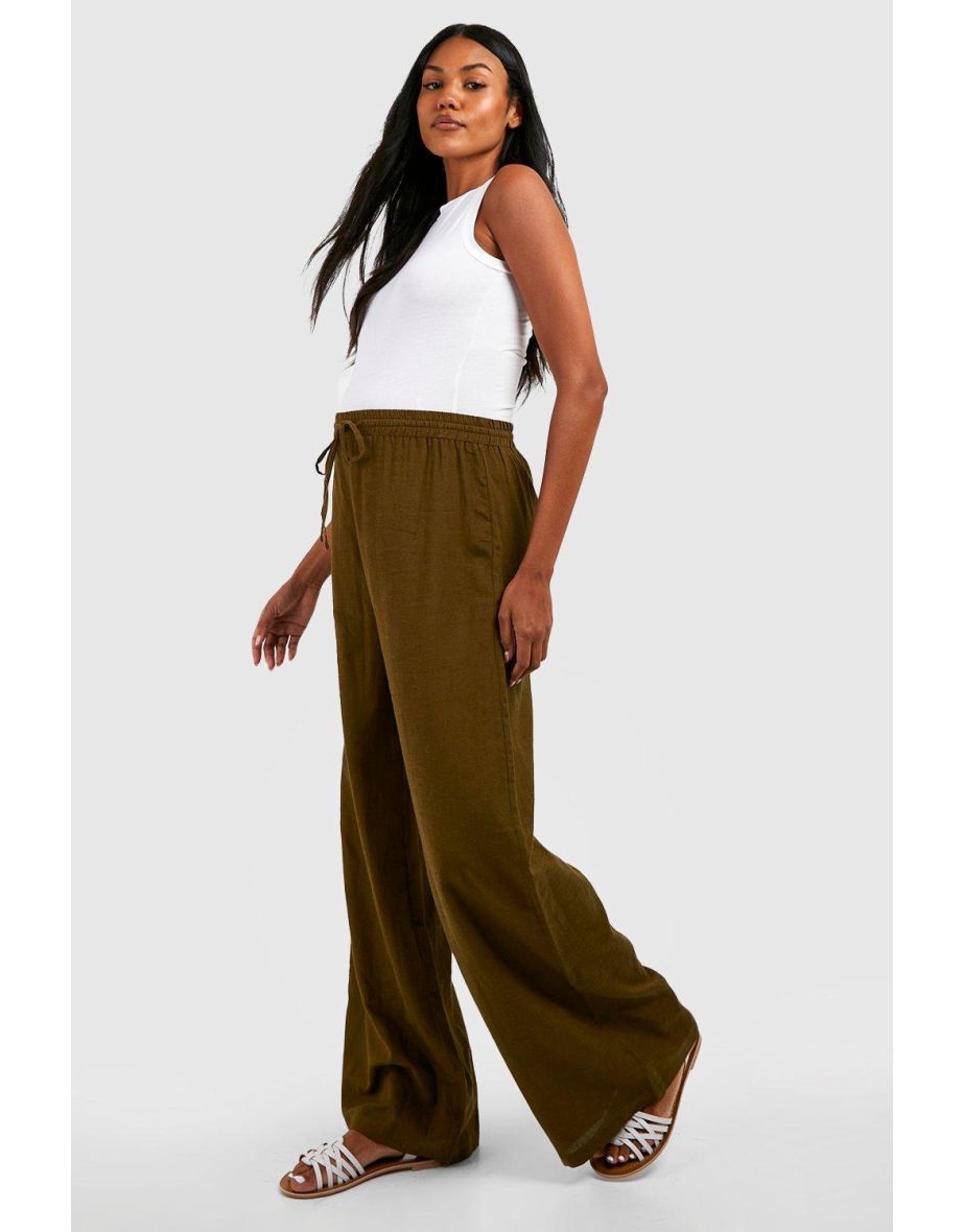 Shop Maternity Linen Drawstring Wide Leg Trousers khaki Online in Oman VogaCloset