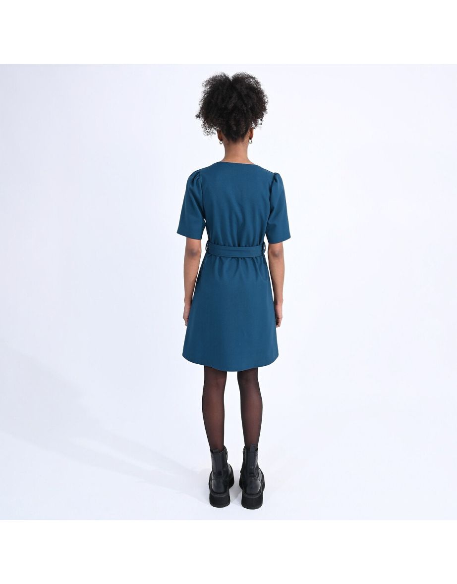 Mini Skater Dress with Short Puff Sleeves - 3