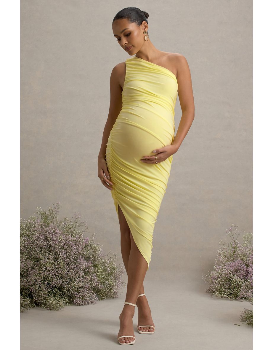 Late Night | Lemon Maternity Ruched One Shoulder Midi Dress