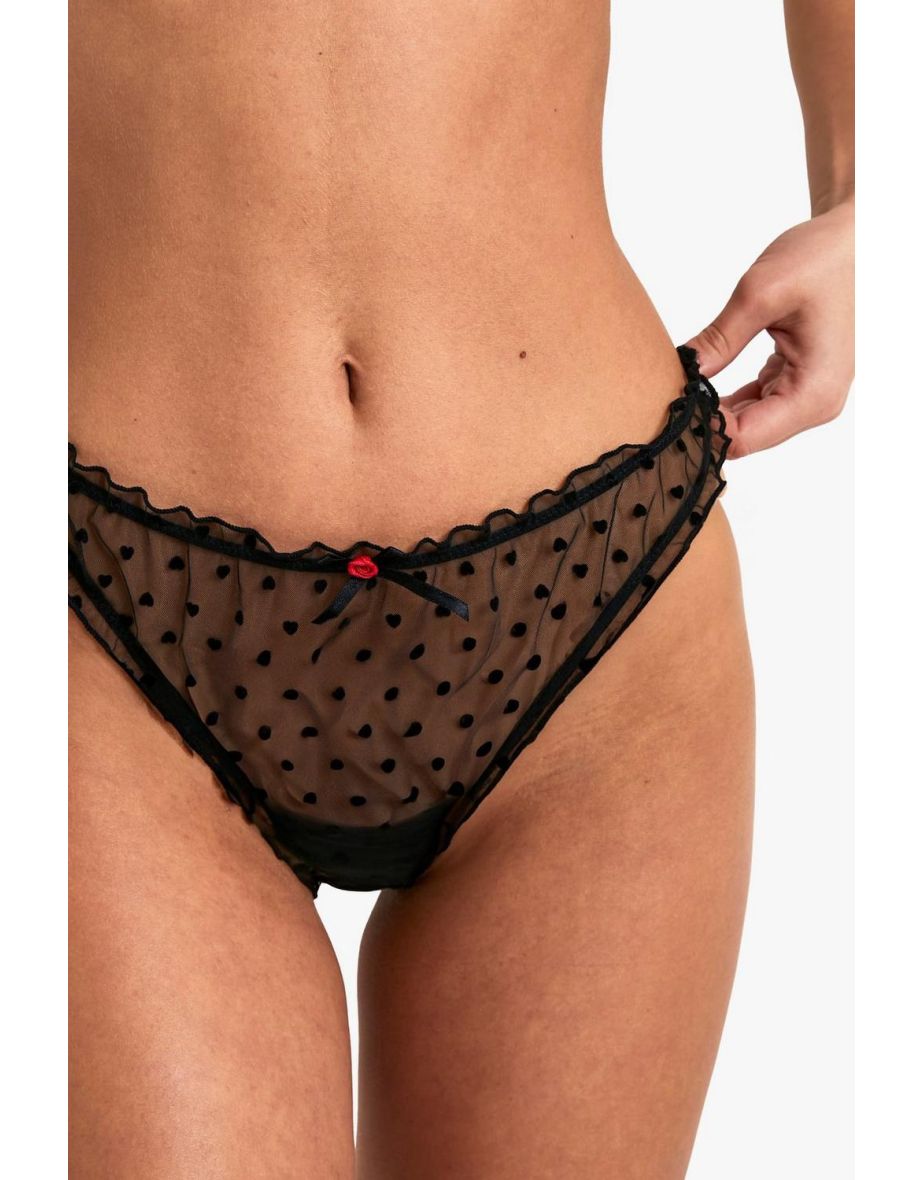 Valentines Rosebud Trim Heart Swiss Dot Lingerie Thong - 2