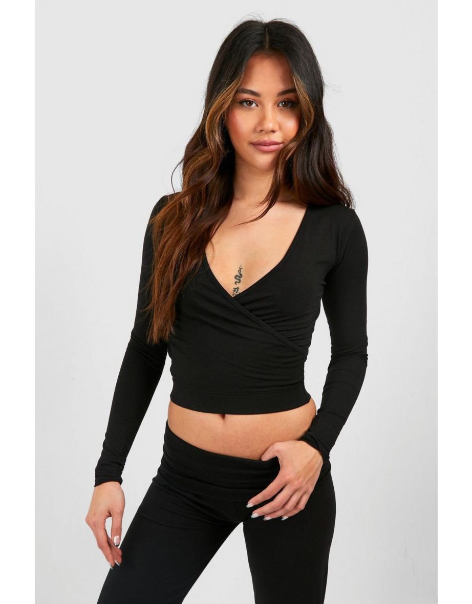 Premium Super Soft Wrap Long Sleeve Crop Top - black