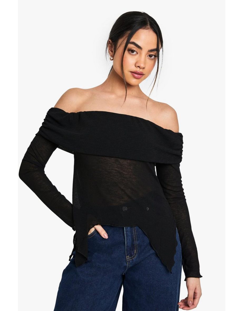 Sheer Mesh Bardot Top with Drape Detail - black