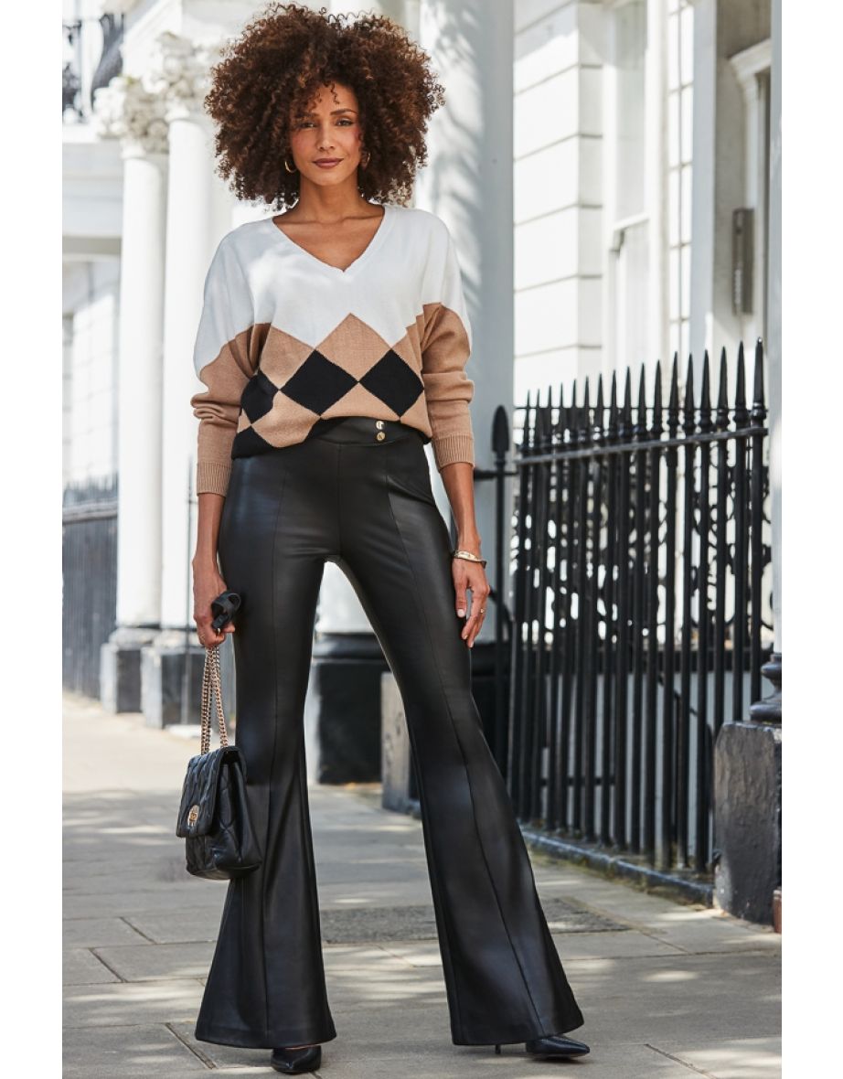 Black Button Detail Flared Faux Leather Trousers