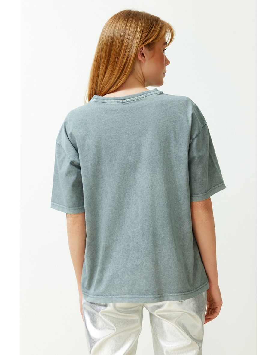 Gray Motto Printed Relaxed Crew Neck Washed Knitted T-Shirt - 5