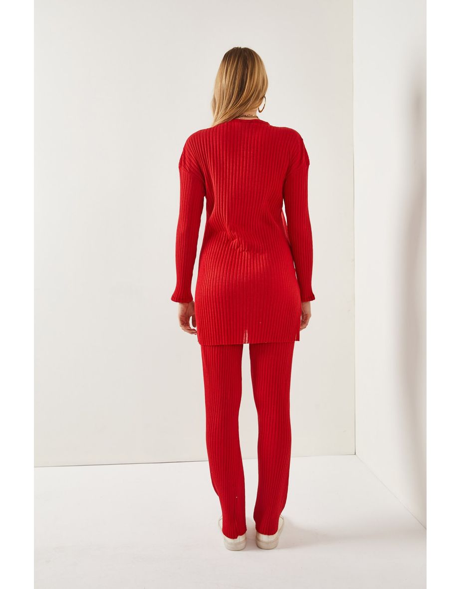 Women's Red Top Slit Blouse Bottom Palazzo Ribbed Suit - 5