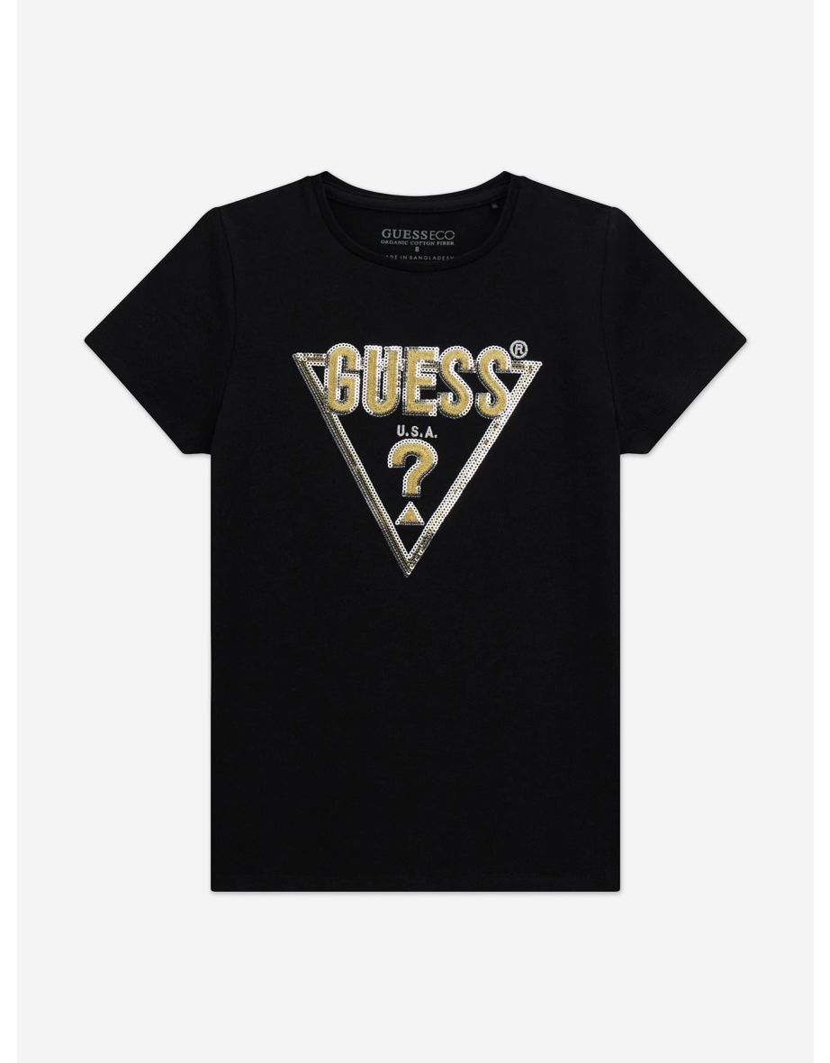 Guess Girls Logo Print T-Shirt in Black