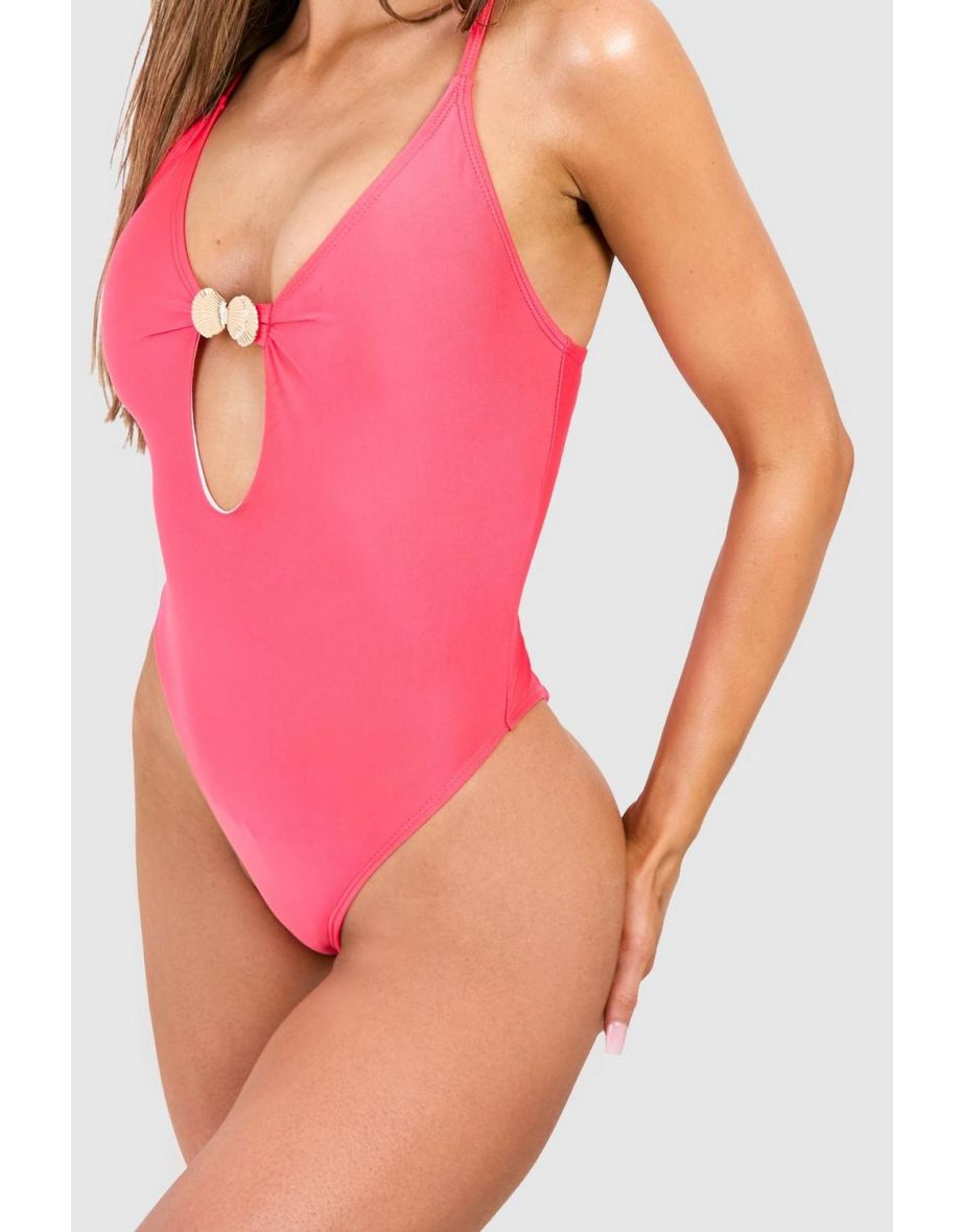 Shell Trim Cut Out Strappy Swimsuit - coral pink - 2