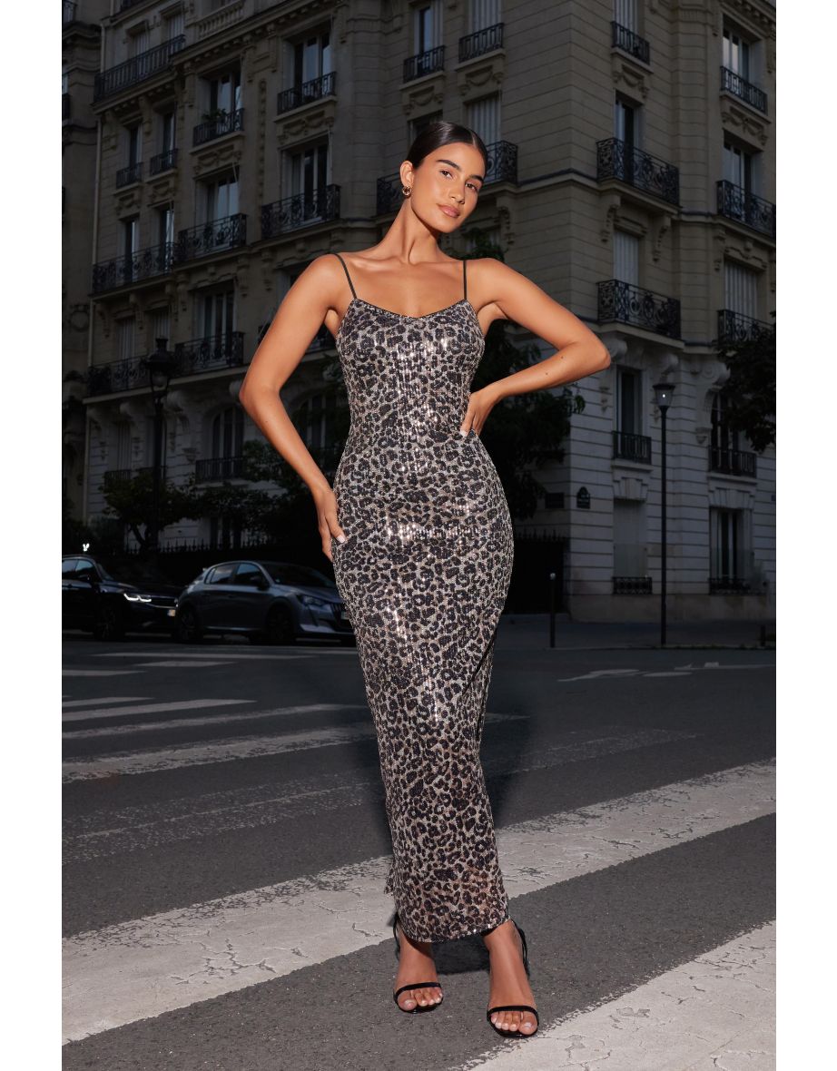 Brown Sequin Leopard Print Maxi Dress
