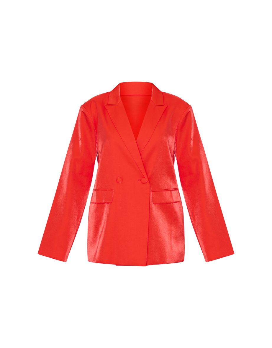 Red Satin Look Oversized Curved Hem Boxy Blazer - 4