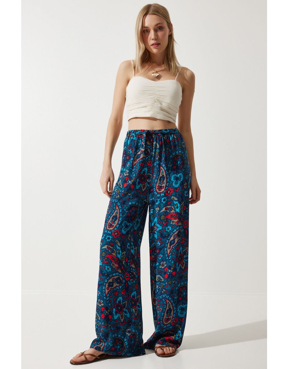Women's Dark Cobalt Blue High Waist Summer Wide Viscose Pants