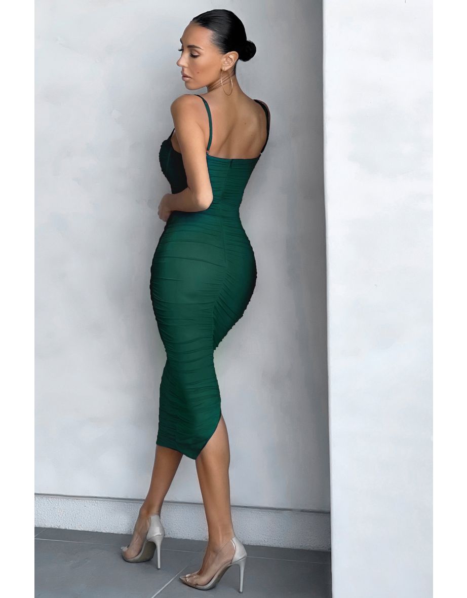 Love Tapes | Bottle Green Corset Mesh Midi Dress - 7