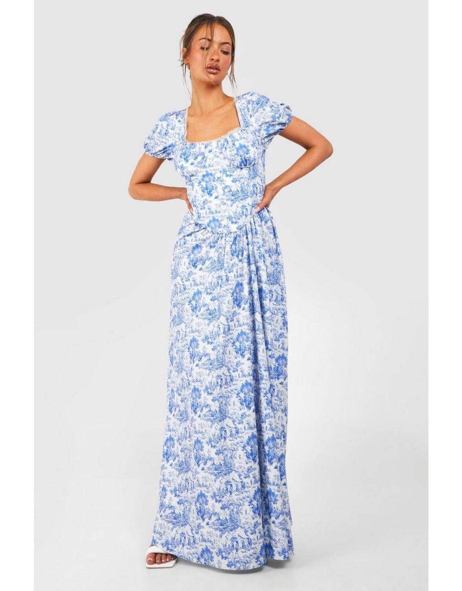 Porcelain Puff Sleeve Milkmaid Dress - blue