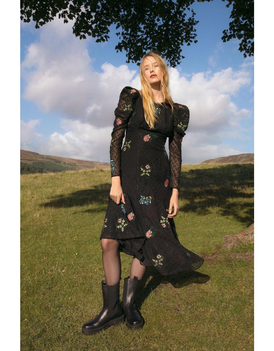 WH x William Morris Society Embroidered Open Back Dress