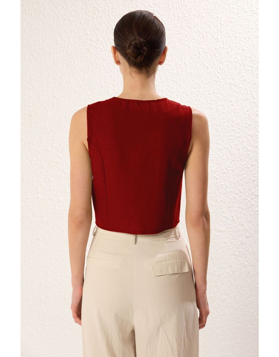 Red Regular Cotton Crop Linen Woven Waistcoat - 4