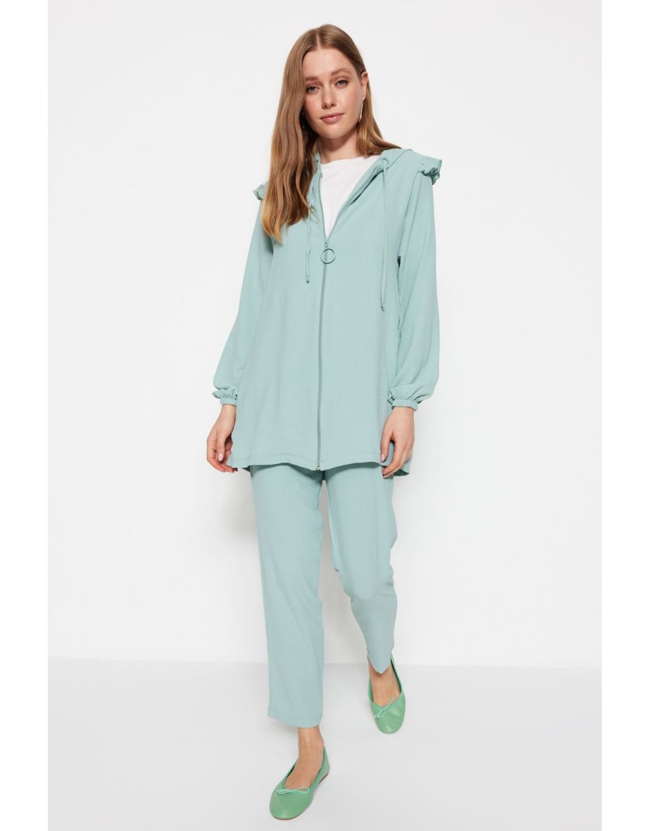 Mint Shoulder Frilly Hooded Woven Aerobin Tunic-Pants Set