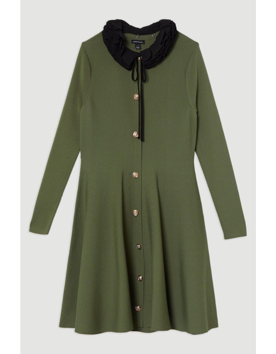 Military Trim Woven Collar Knit Skater Dress - 3