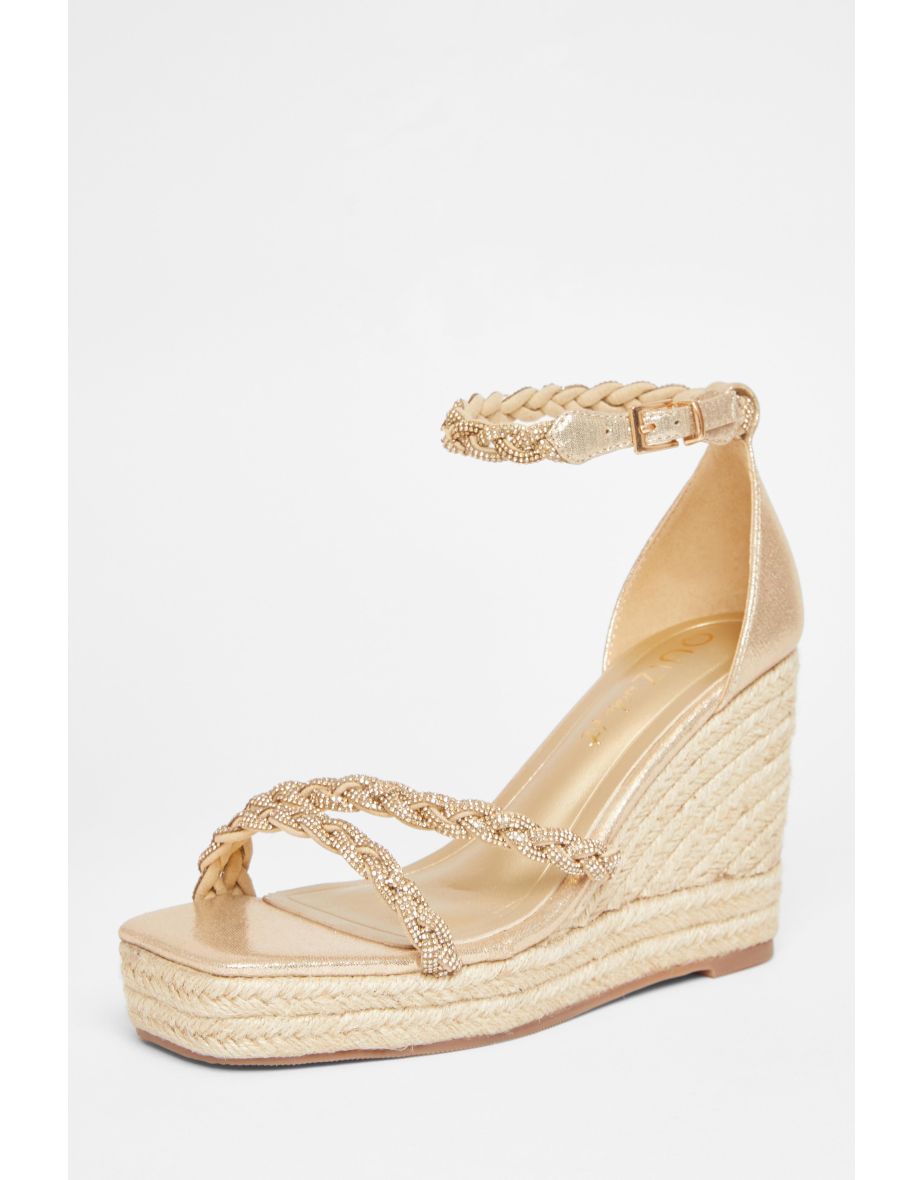 Wide Fit Gold Diamante Platform Wedges