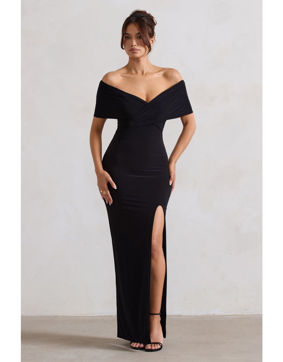 Refined | Black Twist Front Bardot Maxi Dress