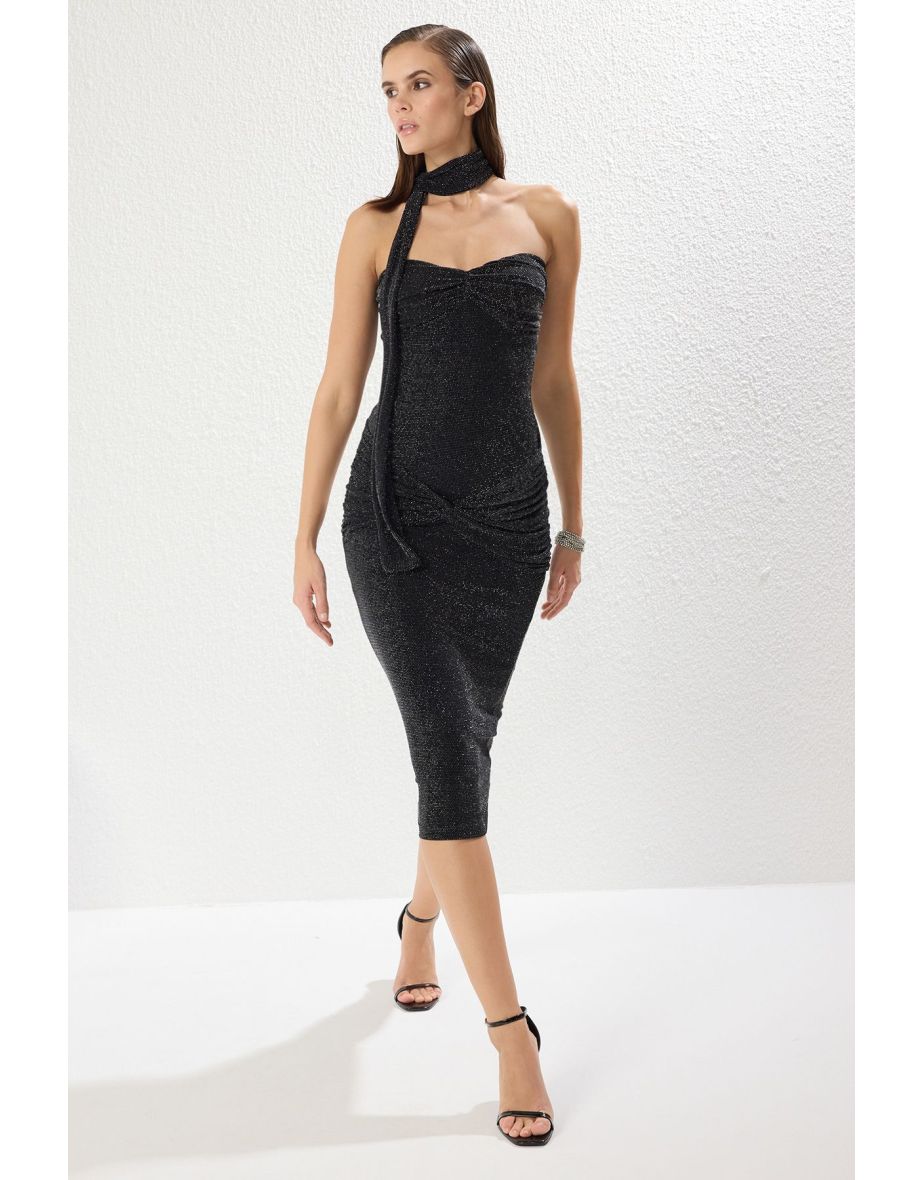 Silver Glitter Knitted Neck Tie Detail Dress