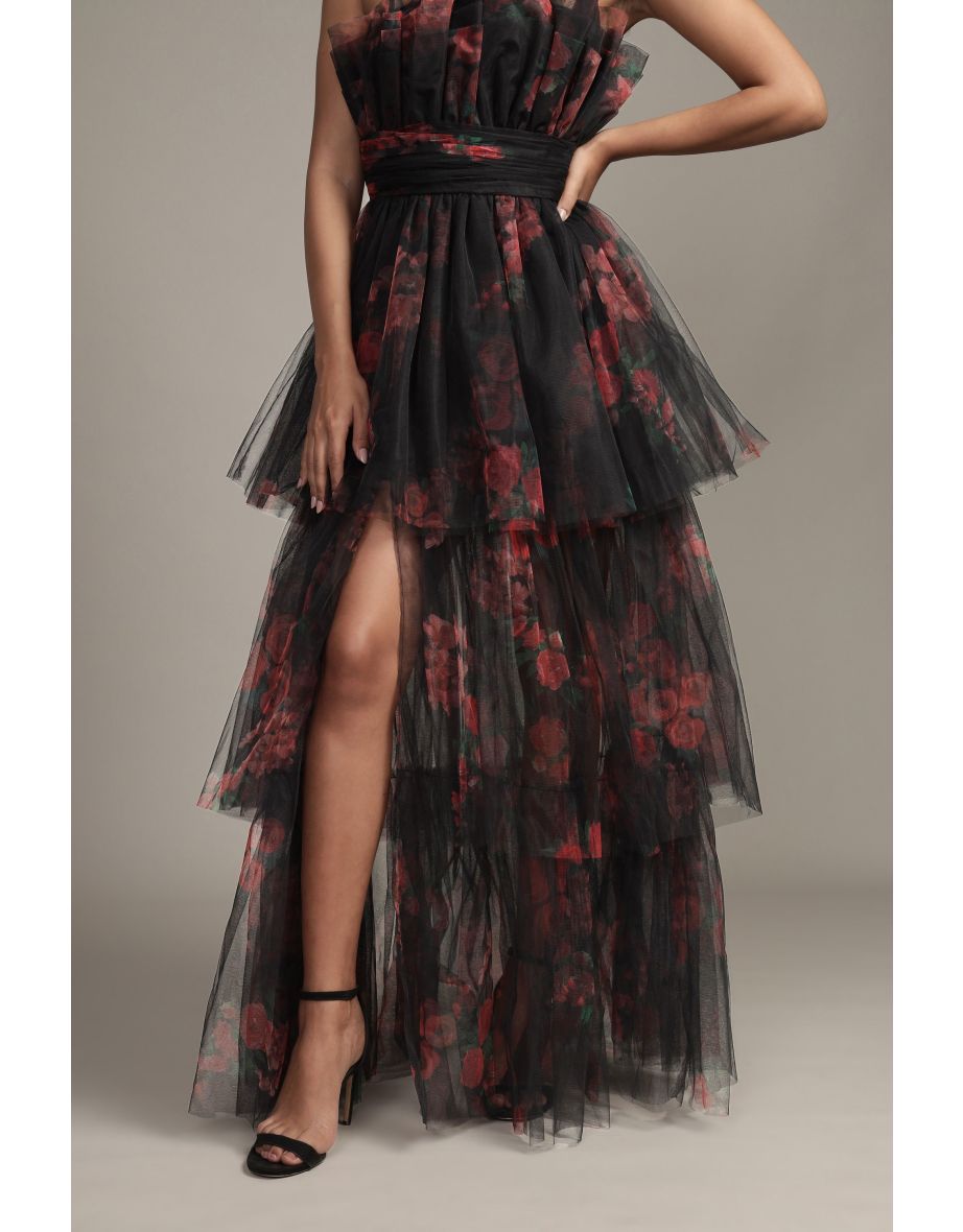 Natalia Tulle Floor Length Dress in Black and Red Floral - 10