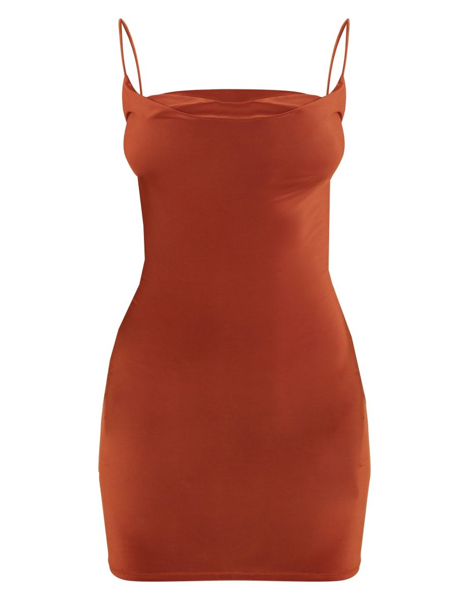 Rust Slinky Cowl Spaghetti Strap Shift Dress - 4