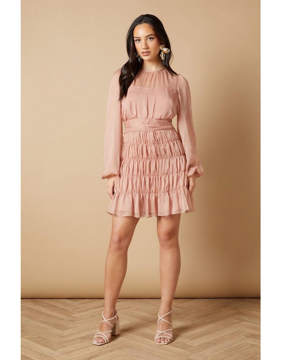 Ruched Waist Mesh Insert Mini Dress