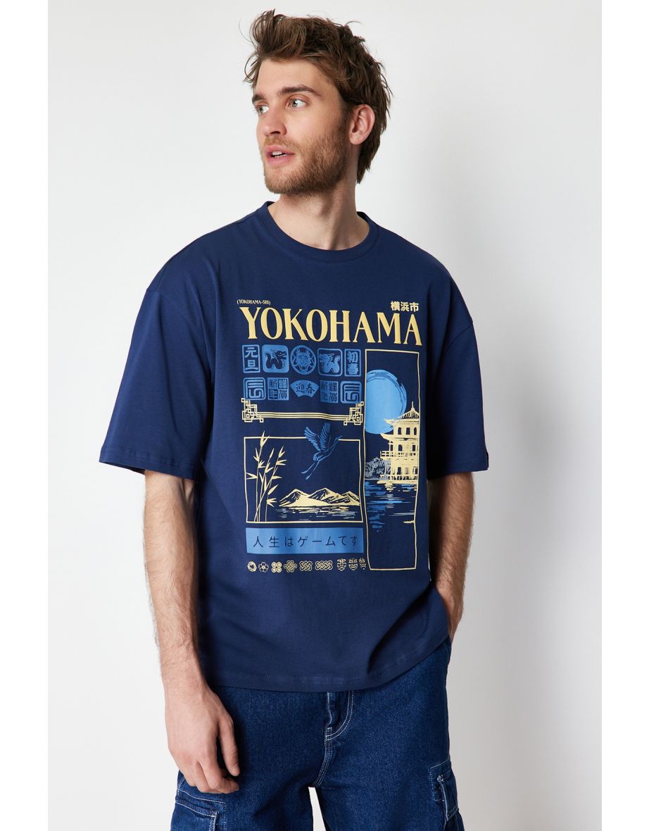 Navy Blue Men's Oversize Far East Printed 100% Cotton T-Shirt
