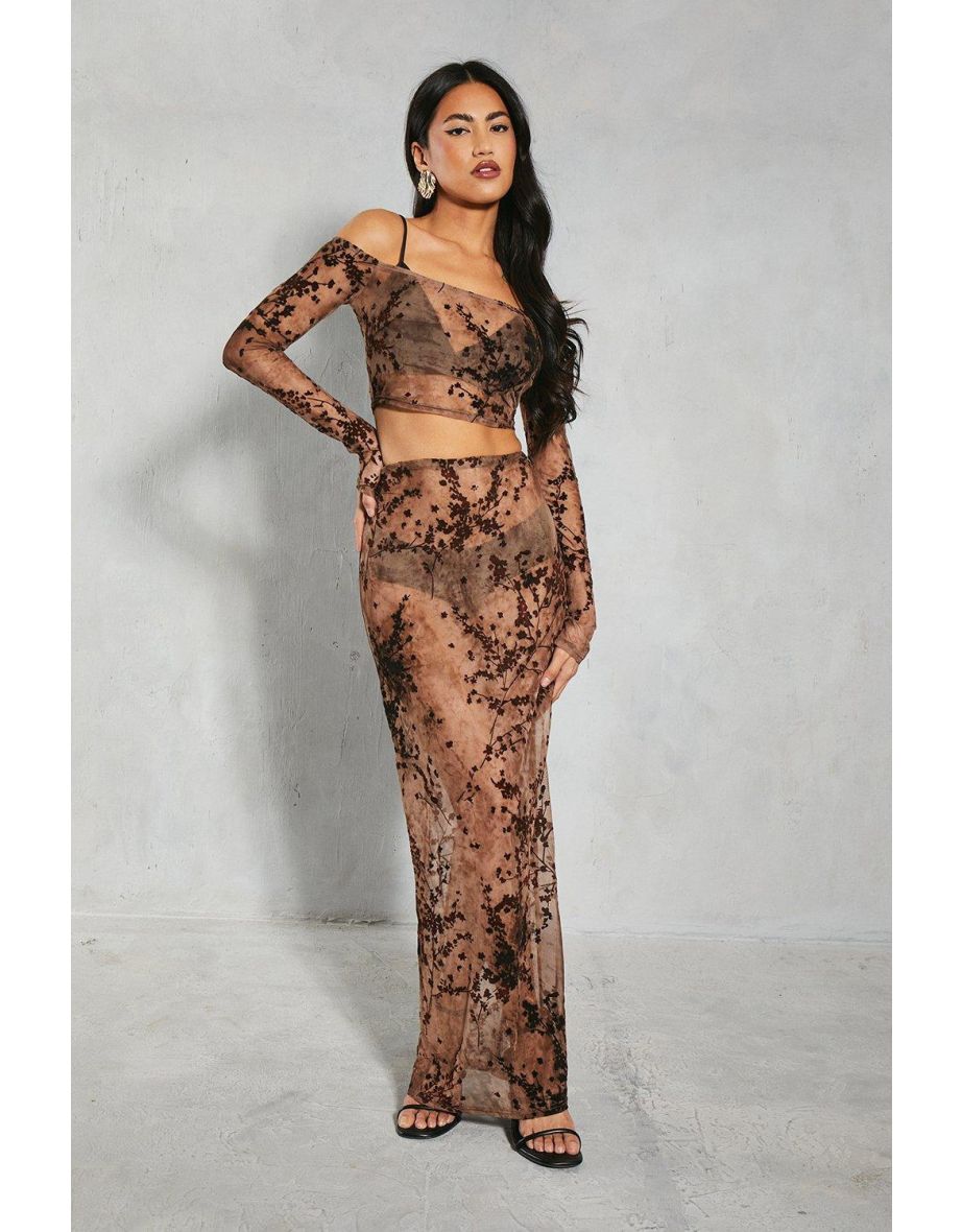 Devore Mesh Floral Bardot Top & Maxi Skirt Co-ord