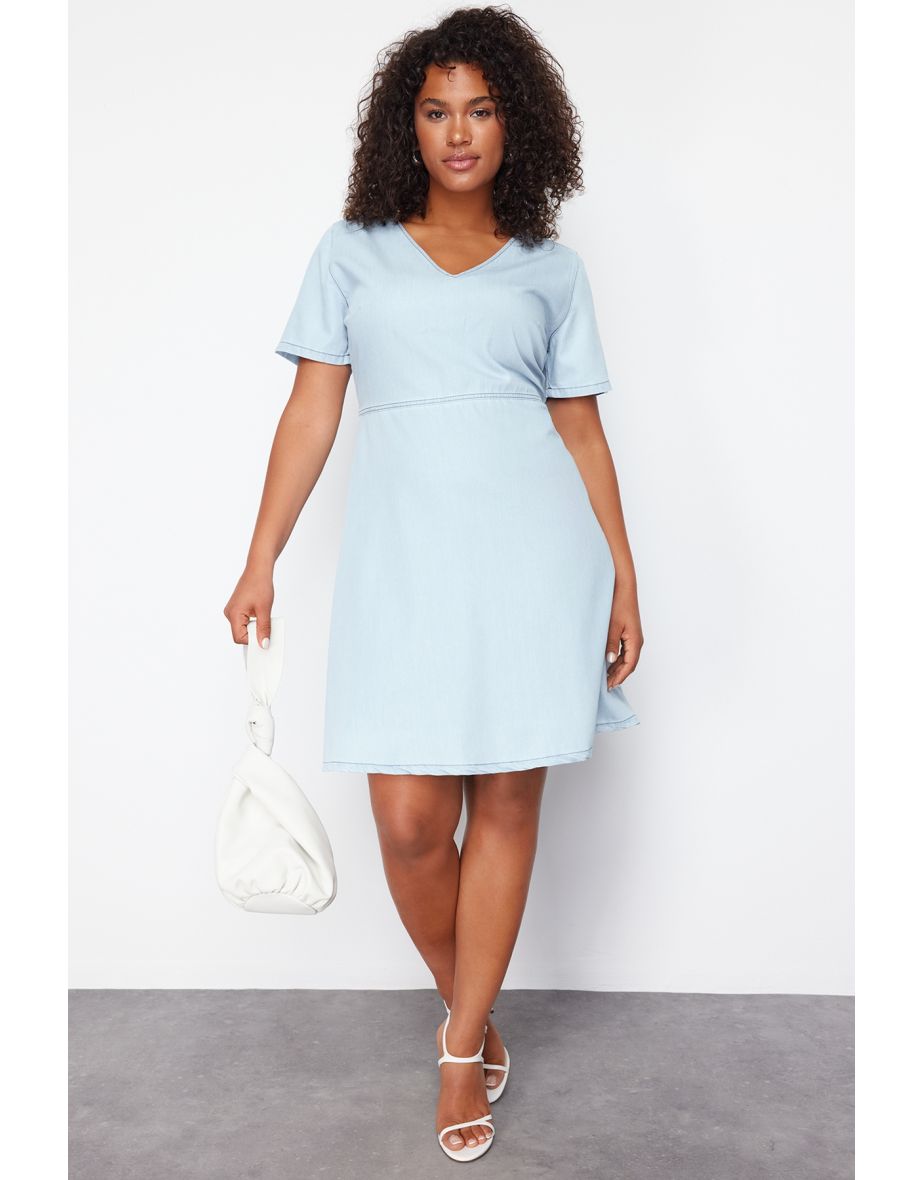 Light Blue V-neck Tencel Mini Denim Dress