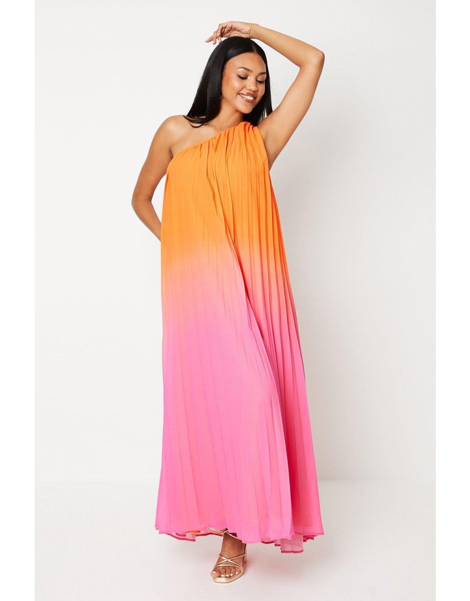 One Shoulder Sunray Pleat Ombre Maxi Dress