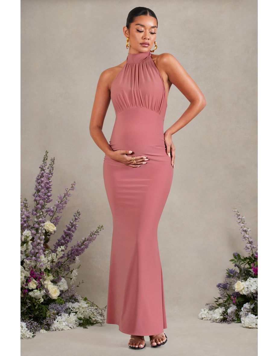 In My Heart | Blush Pink Mesh Halter-Neck Sleeveless Maternity Maxi Dress