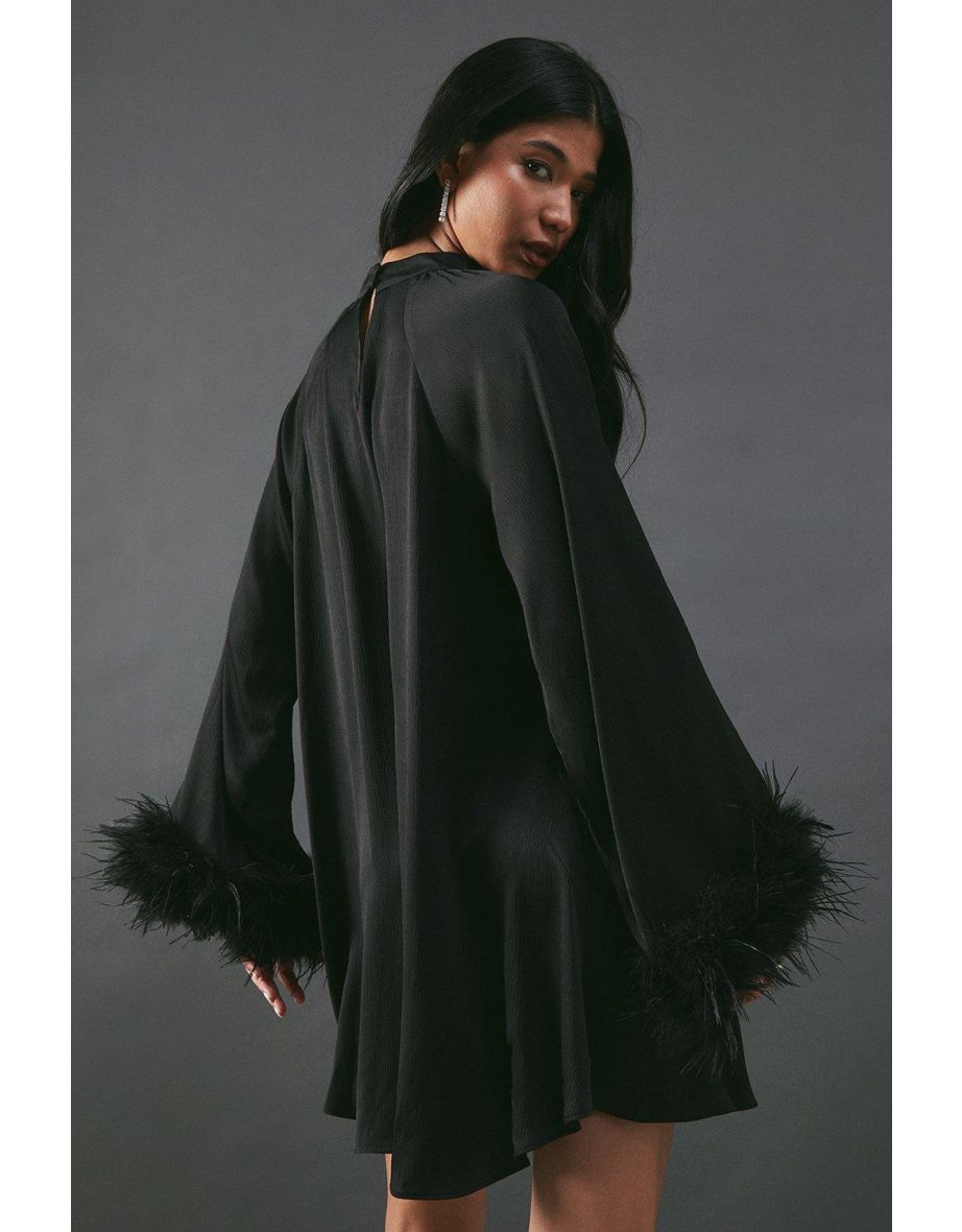 Premium Satin Feather High Neck Swing Mini Dress - 3