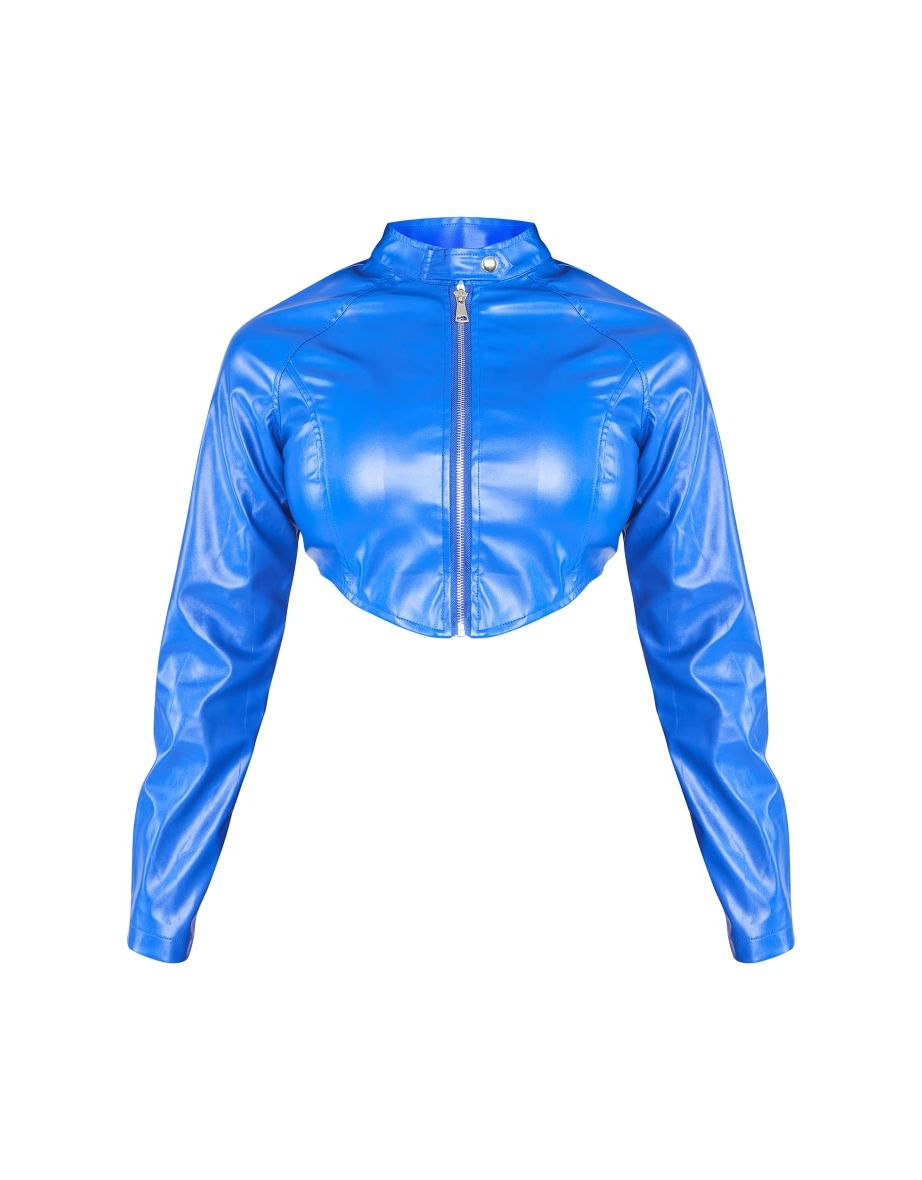Shape Blue Faux Leather Cropped Biker Jacket - 4