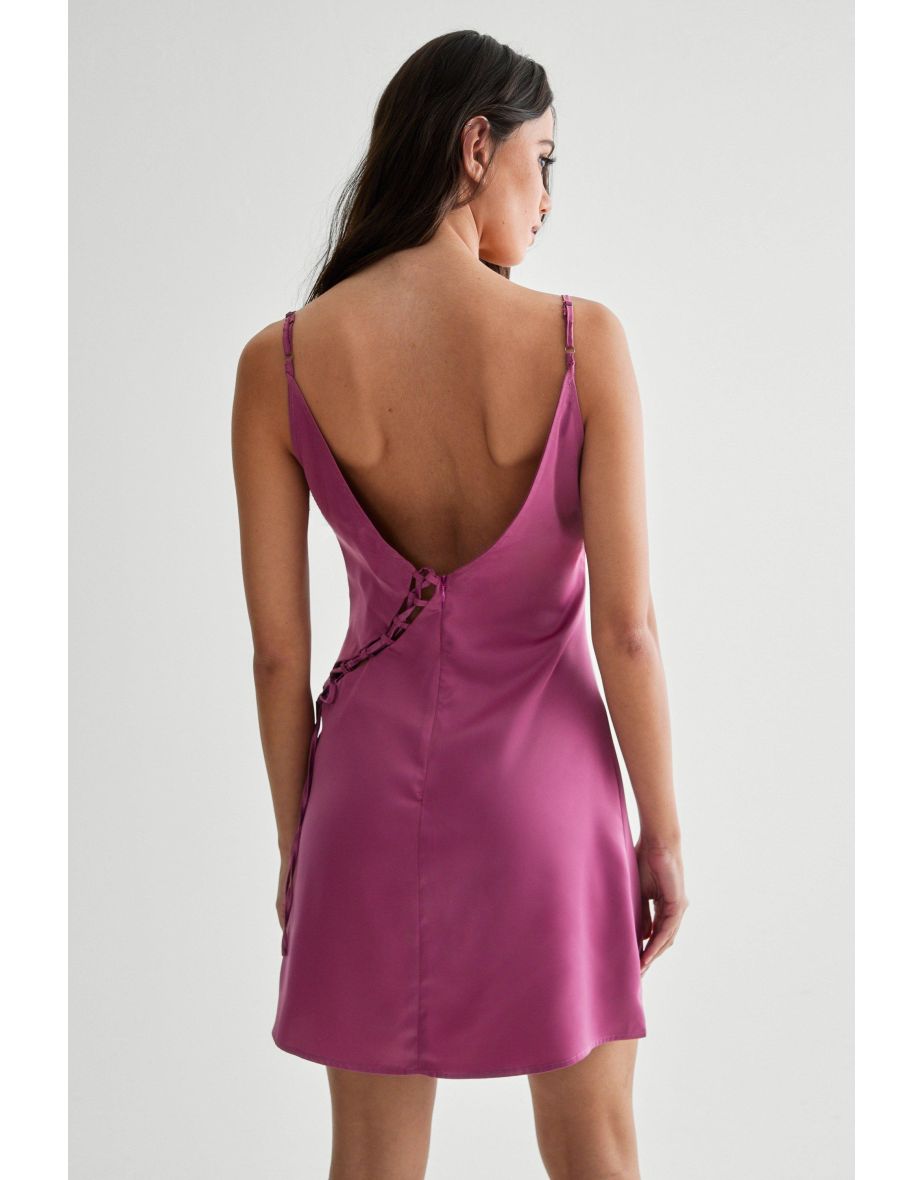 Satin Lace Up Detail Plunge Mini Dress - 3