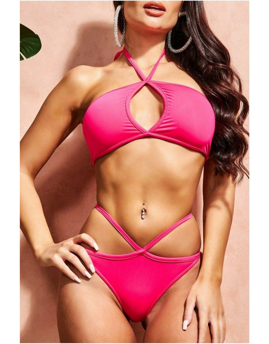 Goddiva Criss Cross Keyhole Bikini - Fushia - 2