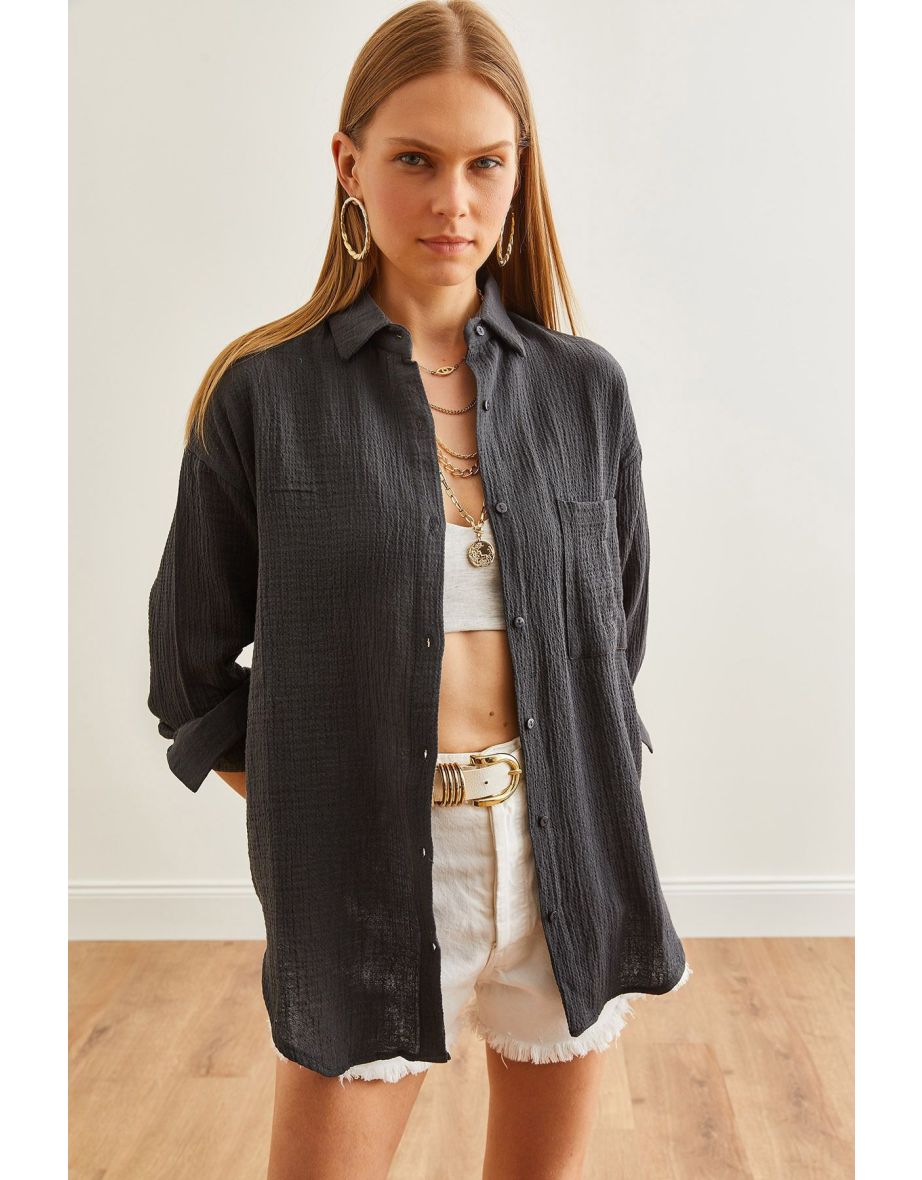 Women's Anthracite Oversize Basic Muslin Shirt - 5